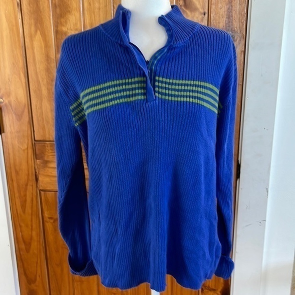 Evan Picone Woman Blue Green Stripe Ribbed Knit 1/4 Zip Sweater Plus 1X 90s